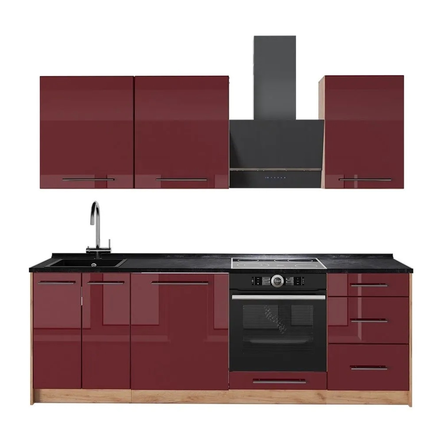 Vicco Küchenzeile Fame-Line Bordeaux Hochglanz/Goldkraft Eiche 230 x 82 ohne Arbeitsplatte Art Nr 63996