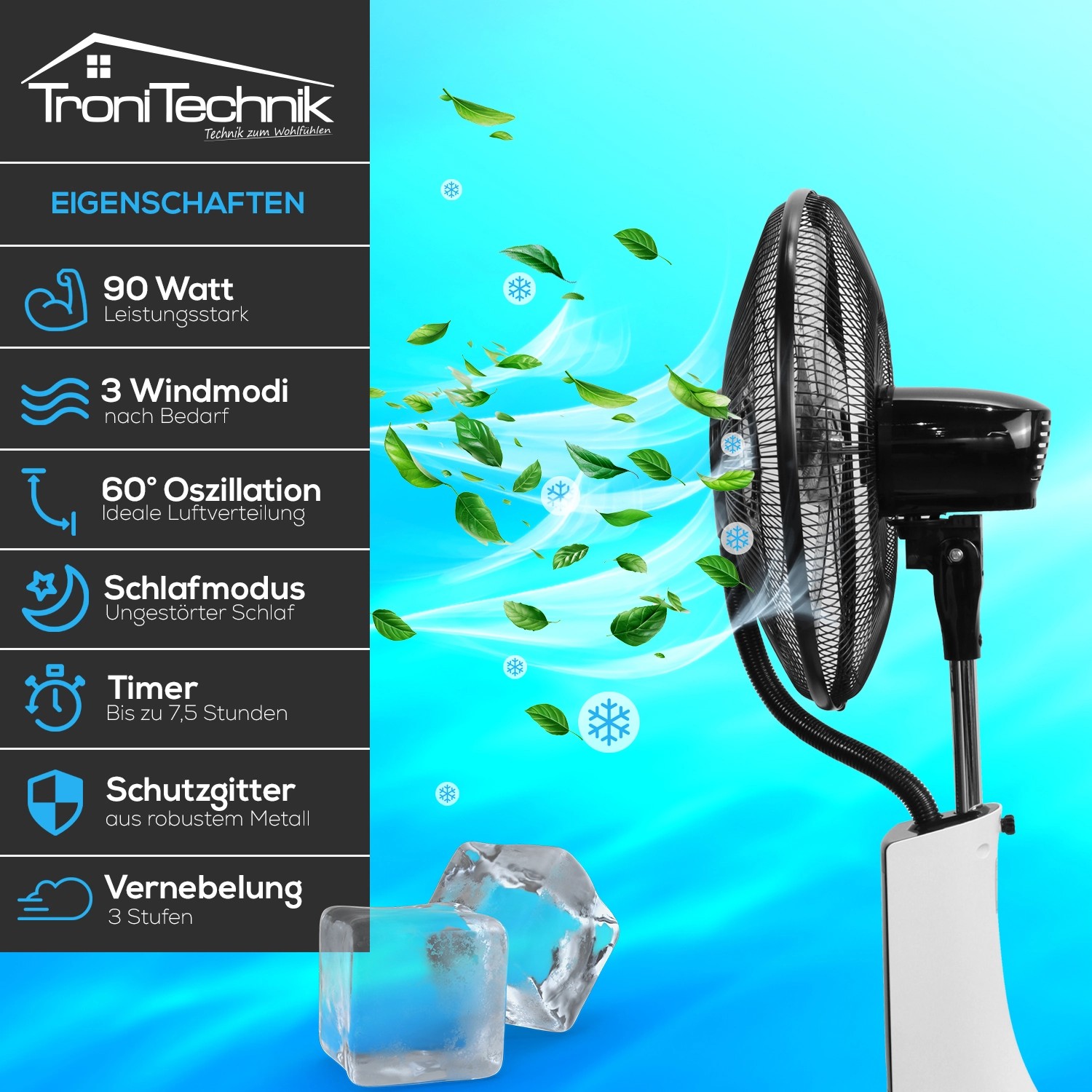 TroniTechnik Standventilator SV05 mit Wasserkühlung und Oszillation für optimale Kühlung.