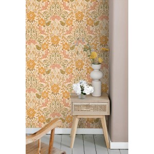 ESTAhome Tapete Blumen und Vögel im Jugendstil Orange und Grün 50 x 900 cm