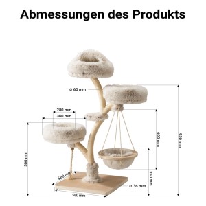 Abmessungen des Designer Kratzbaums: Zweigdesign, Sisalstamm, Plüsch-Liegeflächen, Hängeliege für Katzen.
