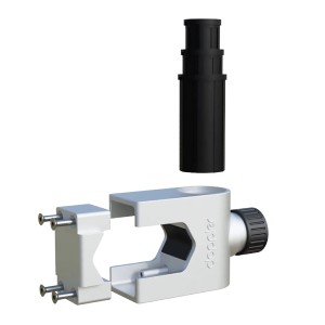 Doppler Balkonklammer Fix Maxi, silberfarbene Halterung für Sonnenschirme mit schwarzem Adapter.