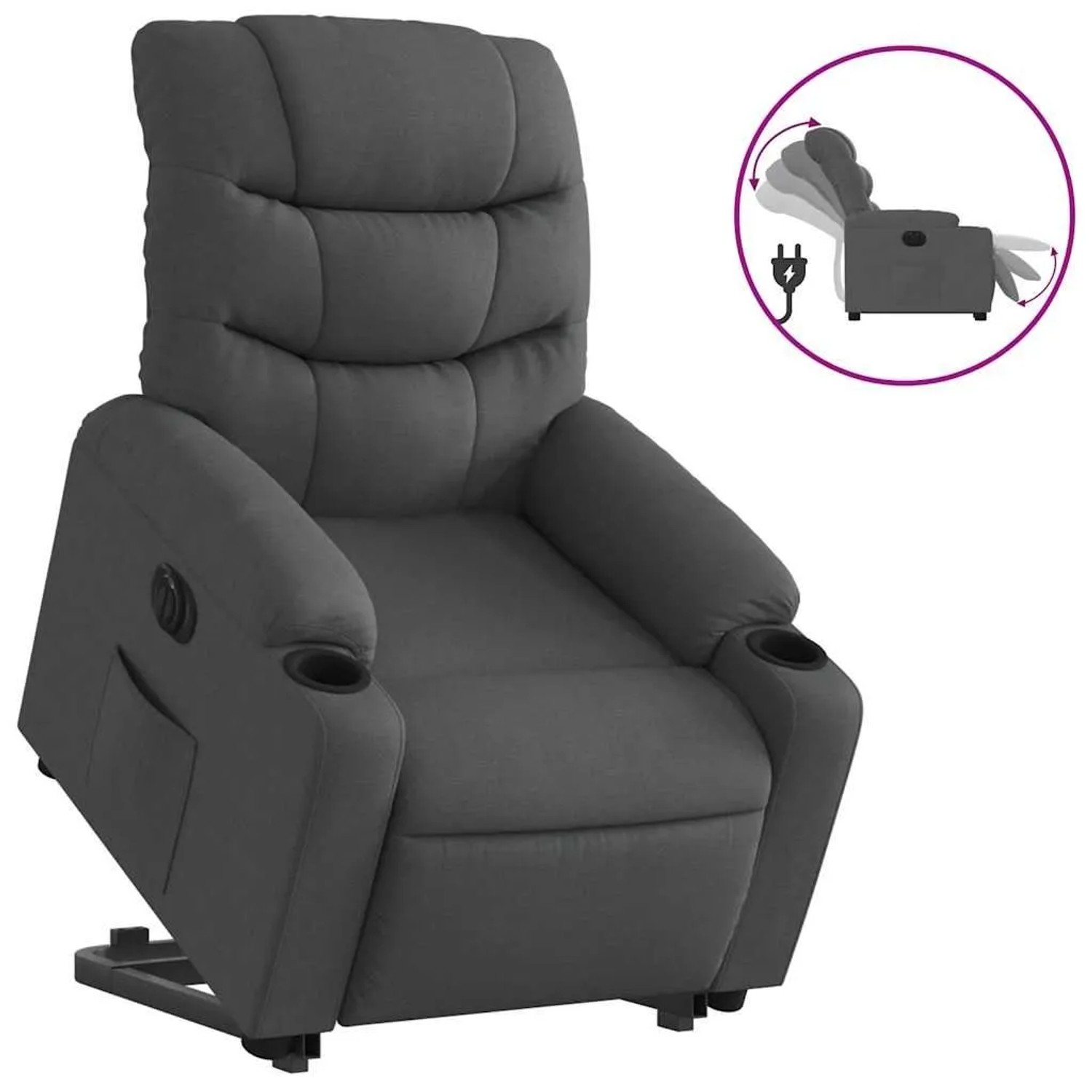 Dunkelgrauer elektrischer Relaxsessel mit Aufstehhilfe und Liegefunktion. Komfortabler Stoff-Sessel mit Getränkehalter und Seitentasche.