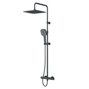 Schwarzes AM.PM Duschsystem Play mit Thermostat, Regendusche und Handbrause.