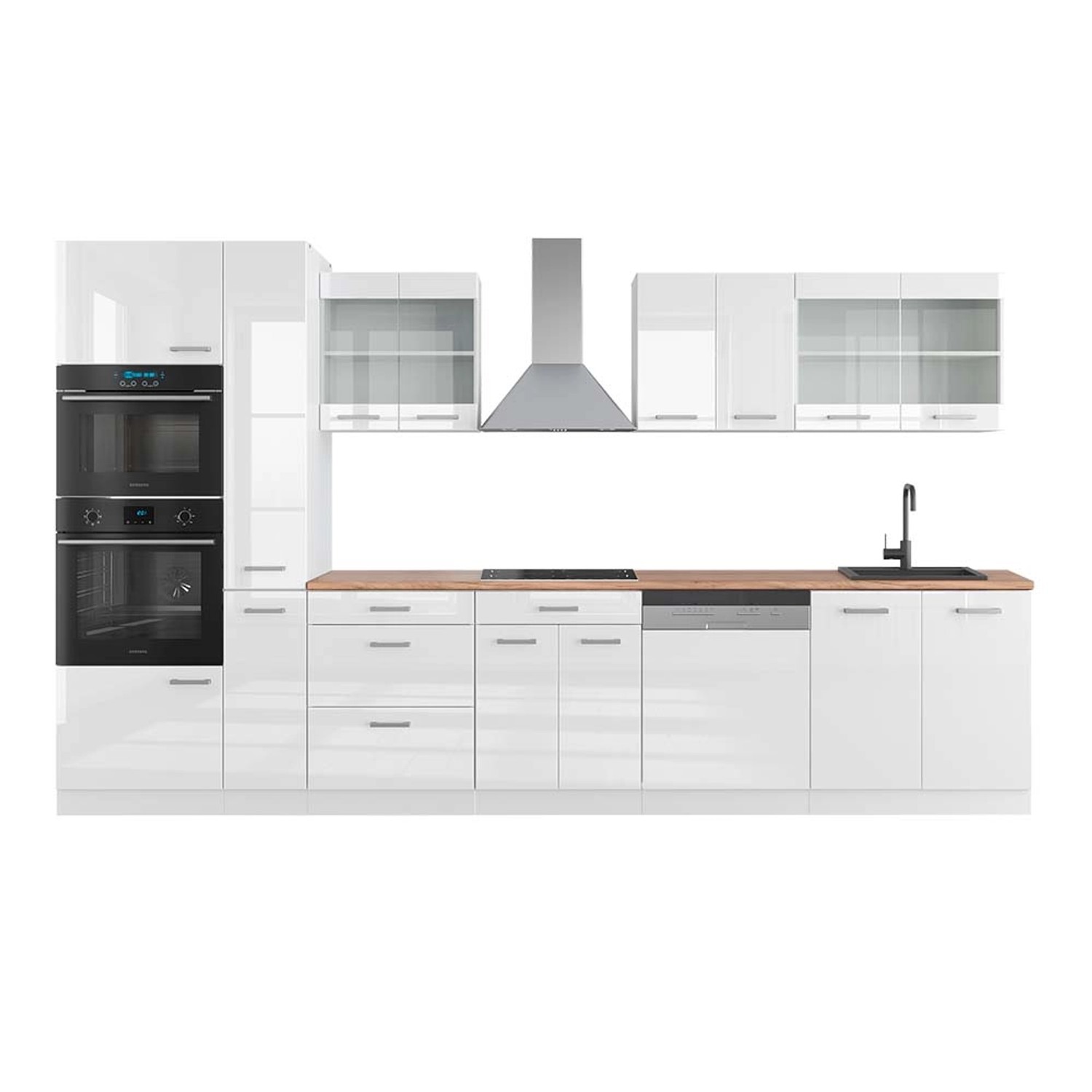 Vicco R-Line Küchenzeile Weiß Hochglanz/Weiß 350 cm mit HochschrankAP Eiche günstig online kaufen