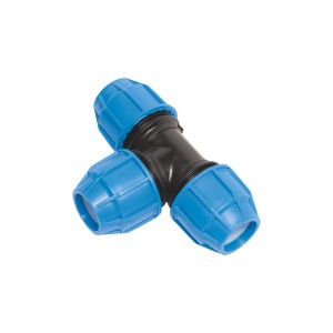 LUX-TOOLS T-Stück für PE-Rohre (Ø 32 mm) aus blauem und schwarzem Kunststoff.