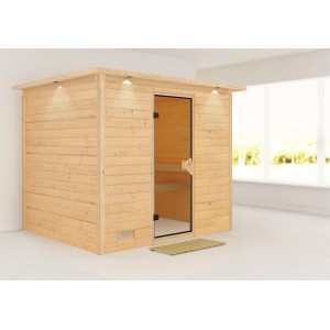 Karibu Sauna Sarina mit LED-Dachkranz aus naturbelassener Fichte mit Glastür und Innenansicht.
