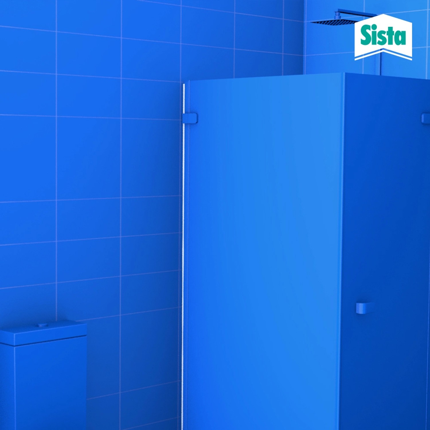 Blaues Badezimmer mit Sista Silikon Dichtstoff Bad & Küche Spender im Hintergrund.