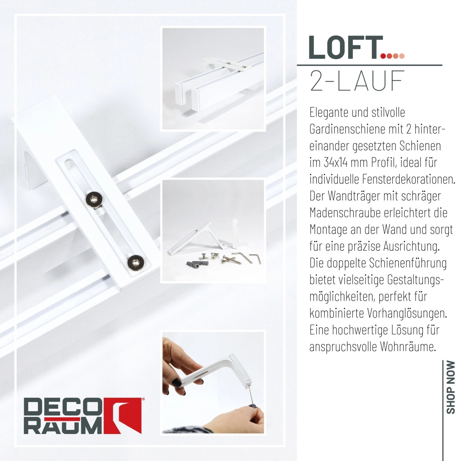 Deco-Raum Gardinenschiene nach Maß 2-Lauf Loft Weiß 230cm_3