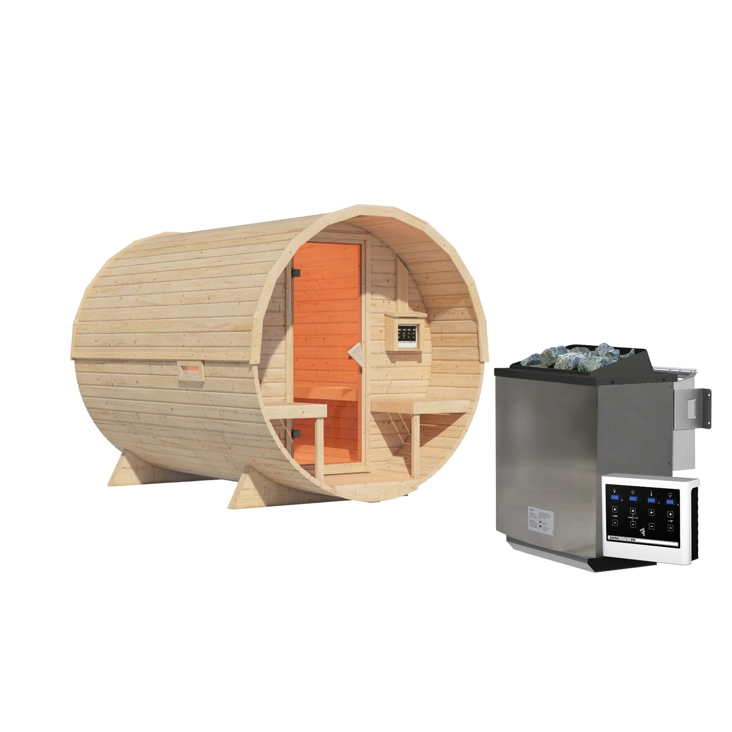 Karibu Fass-Sauna 2 Set Naturbelassen mit Ofen 9 kW Bio ext. Steuerung