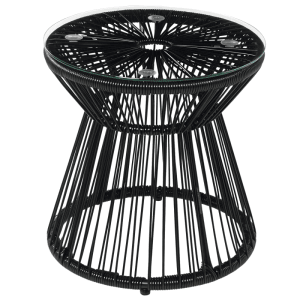 Schwarzer Outsunny PE-Rattan Beistelltisch mit Glasplatte. Moderner Gartentisch im Boho-Stil für Terrasse & Garten.