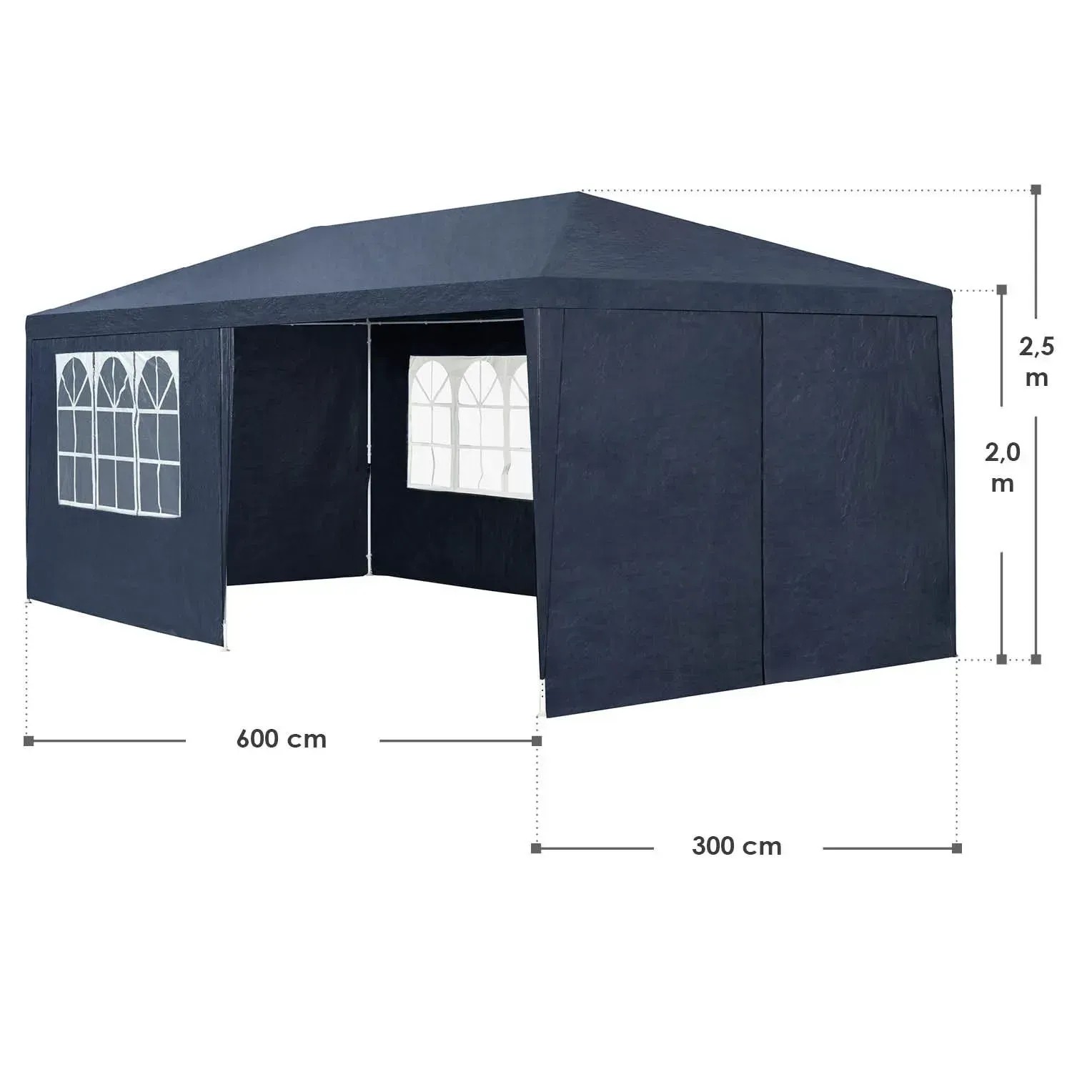 Blaues Juskys Partyzelt 3x6m mit Seitenwänden und Fenster, Maße eingeblendet.