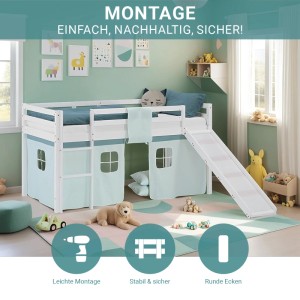 Homestyle4u Kinder Hochbett 90x200 Rutsche Matratze Vorhang Grün Kinderbett 2944