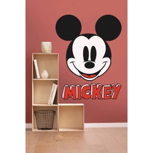 Disney Wandtattoo Mickey Mouse, schwarz-weiß-rot, 127x200cm, an roter Wand über Regal.