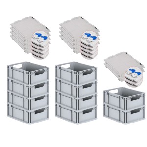 PROREGAL Spar Set: 10 graue Euroboxen mit Deckel und blauen Verschlüssen, 16 Liter.