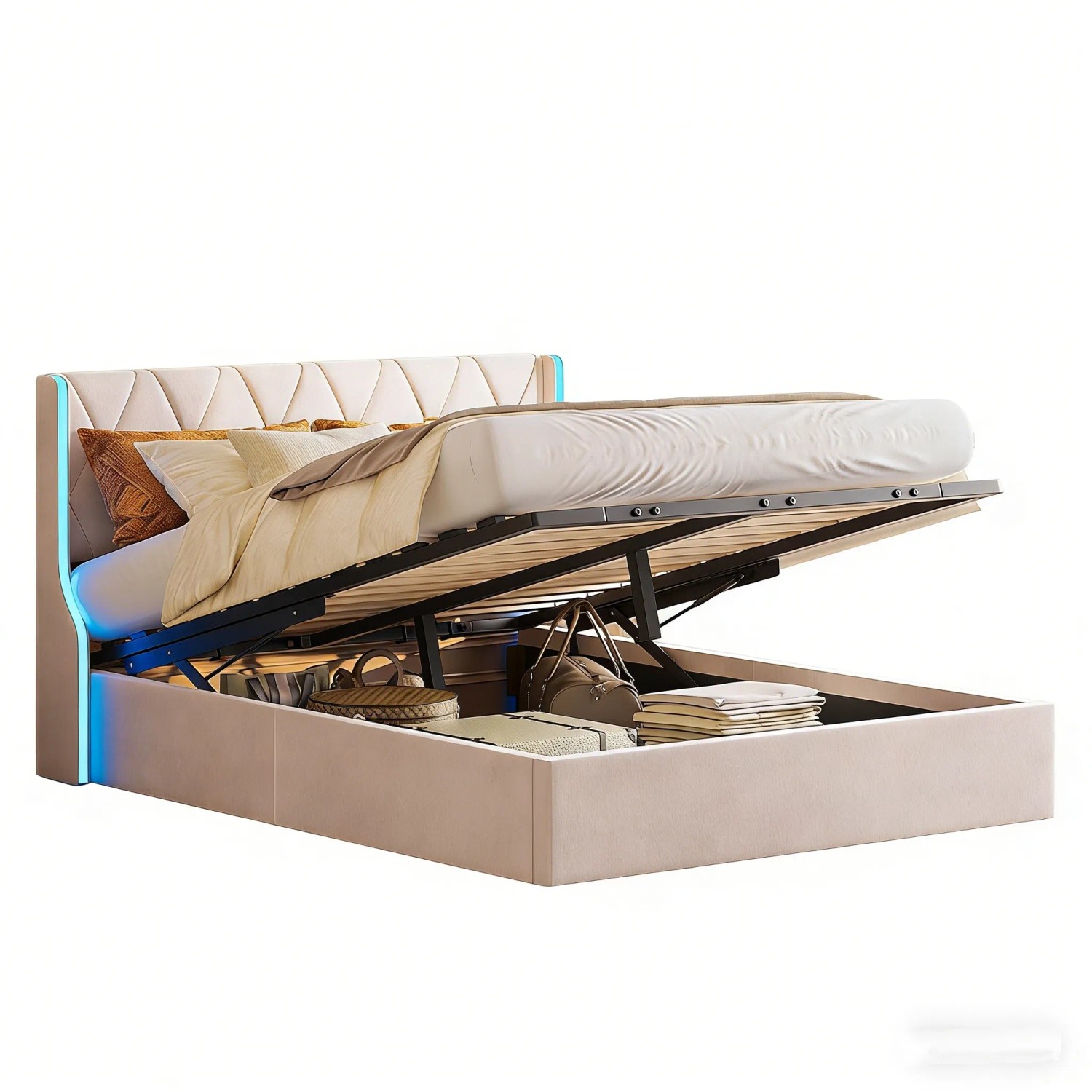 PXloue Polsterbett 160x200cm-Hydraulisches Stauraumbett mit LED-Samt Beige