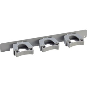 Klemmhaken-Schiene in Weiß-Alu für Regale zur Aufbewahrung von Haushaltsgeräten.