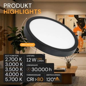 Schwarzes, dimmbares ENOVALITE LED Panel, 12W, mit einstellbarer Farbtemperatur für Ein- und Aufbau.