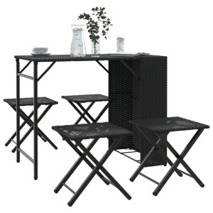Schwarze, faltbare 5-tlg. Garten-Essgruppe aus Poly Rattan mit Tisch und Hockern.