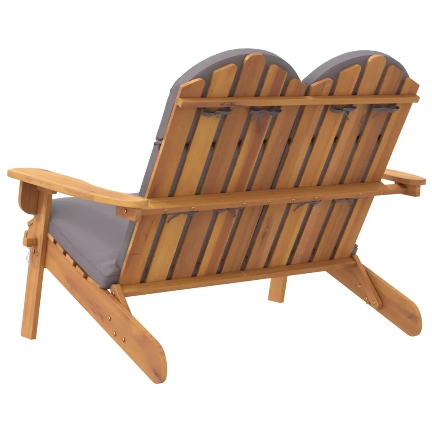 Adirondack Gartenbank aus Akazienholz mit grauen Kissen, Rückansicht.