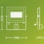Skizze des Philips LED-Außenstrahlers Lois UltraEffizient mit Sensor, Maße: 208x196x60 mm.