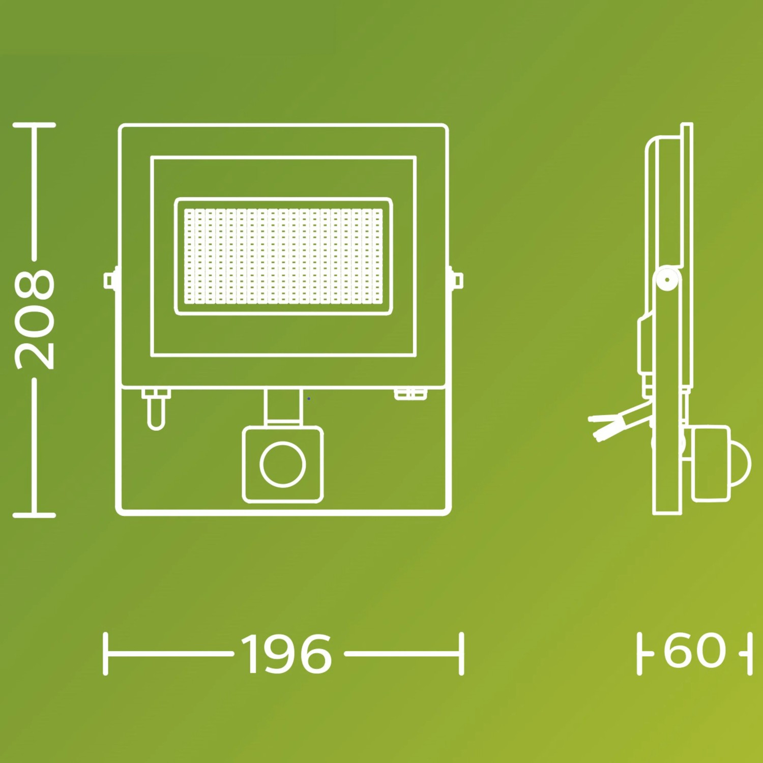 Skizze des Philips LED-Außenstrahlers Lois UltraEffizient mit Sensor, Maße: 208x196x60 mm.