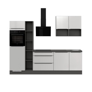 Weiße Küchenzeile (280 cm) von Impuls Küchen mit E-Geräten und Dunstabzugshaube.