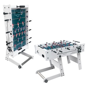 Weißer, faltbarer Cougar Tischkicker Scorpion Kick TS in aufgebauter und zusammengeklappter Position.