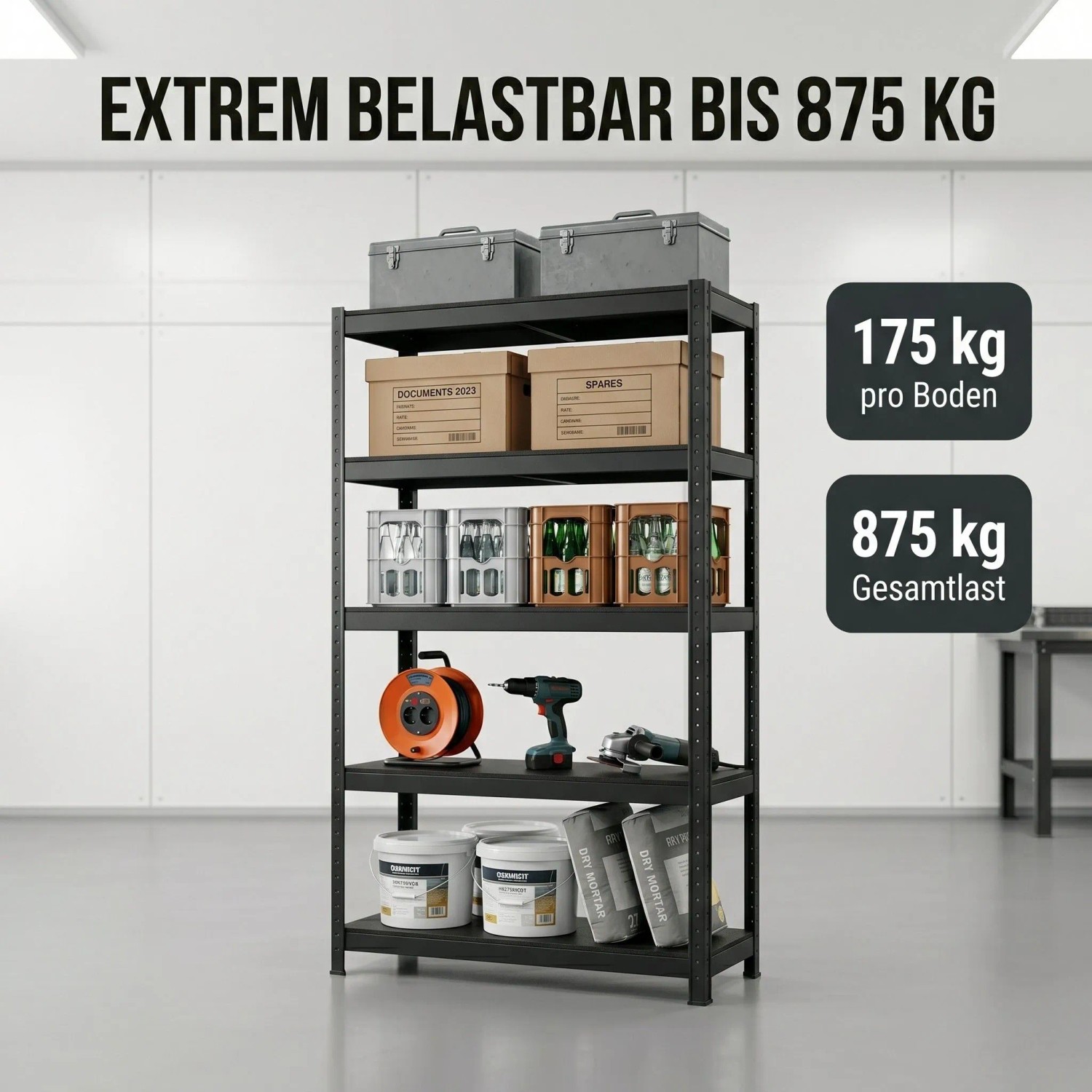 Schwarzes Albatros Schwerlastregal 180x90x40 cm mit 5 verstellbaren Ablagen, beladen. Robustes Stahlregal für 875 kg Gesamtlast.