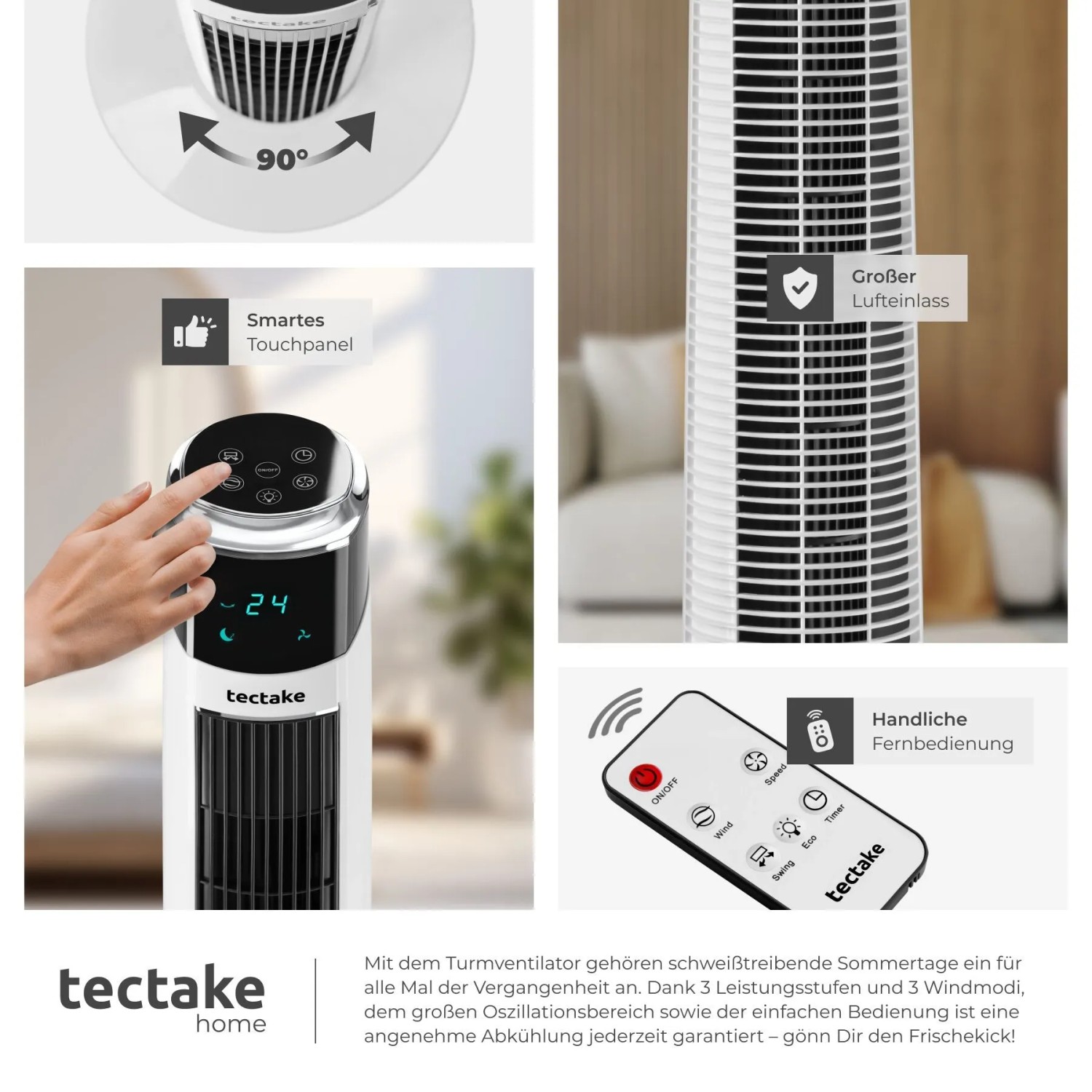 Tectake Turmventilator Arktis 90° Schwenkfunktion 3 Modi und 3 Geschwindigkeitsstufen  32 x 32 x 93 cm Weiß_7