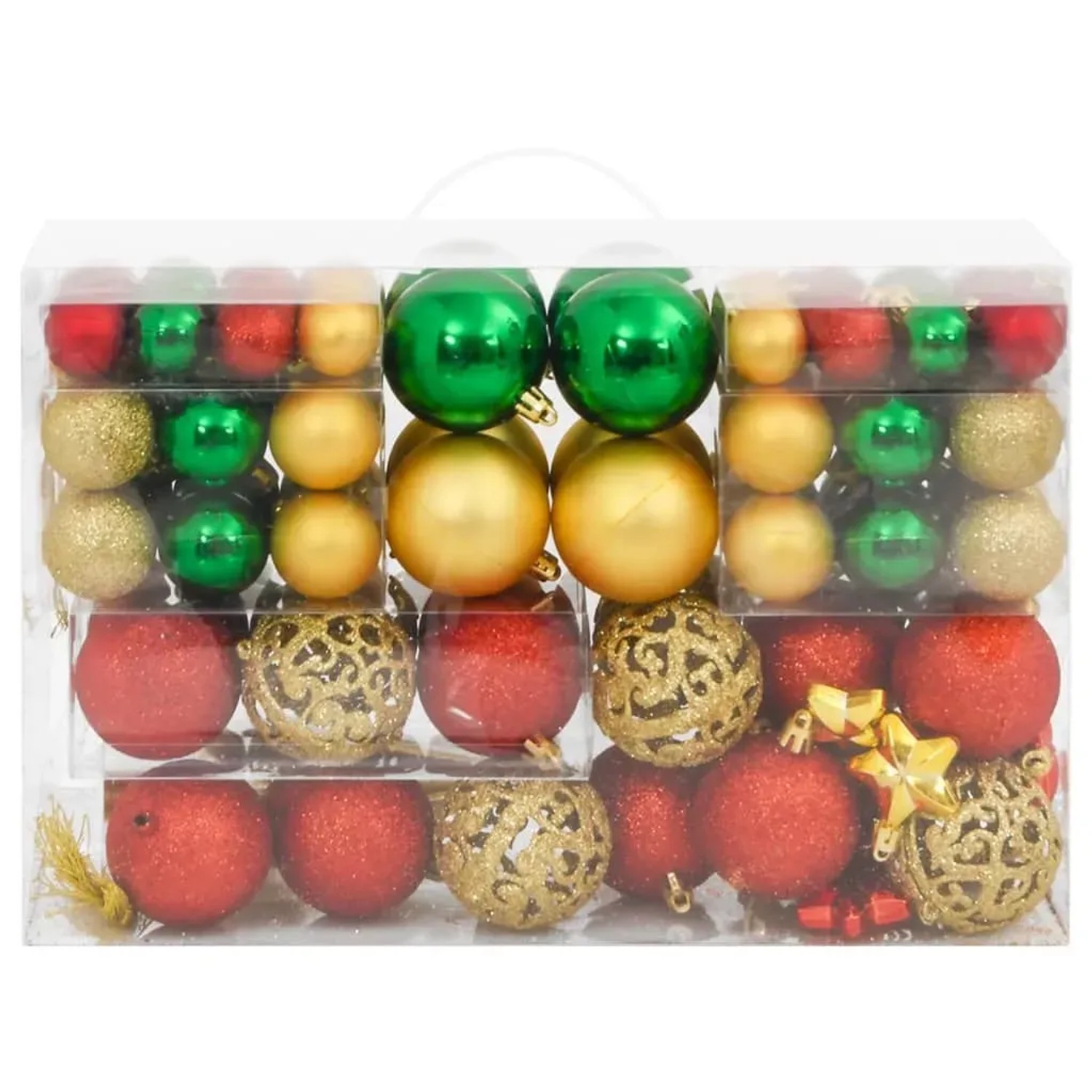 vidaXL 112-tlg. Weihnachtskugel-Set in Rot, Grün und Gold aus Polystyrol im transparenten Aufbewahrungskasten.