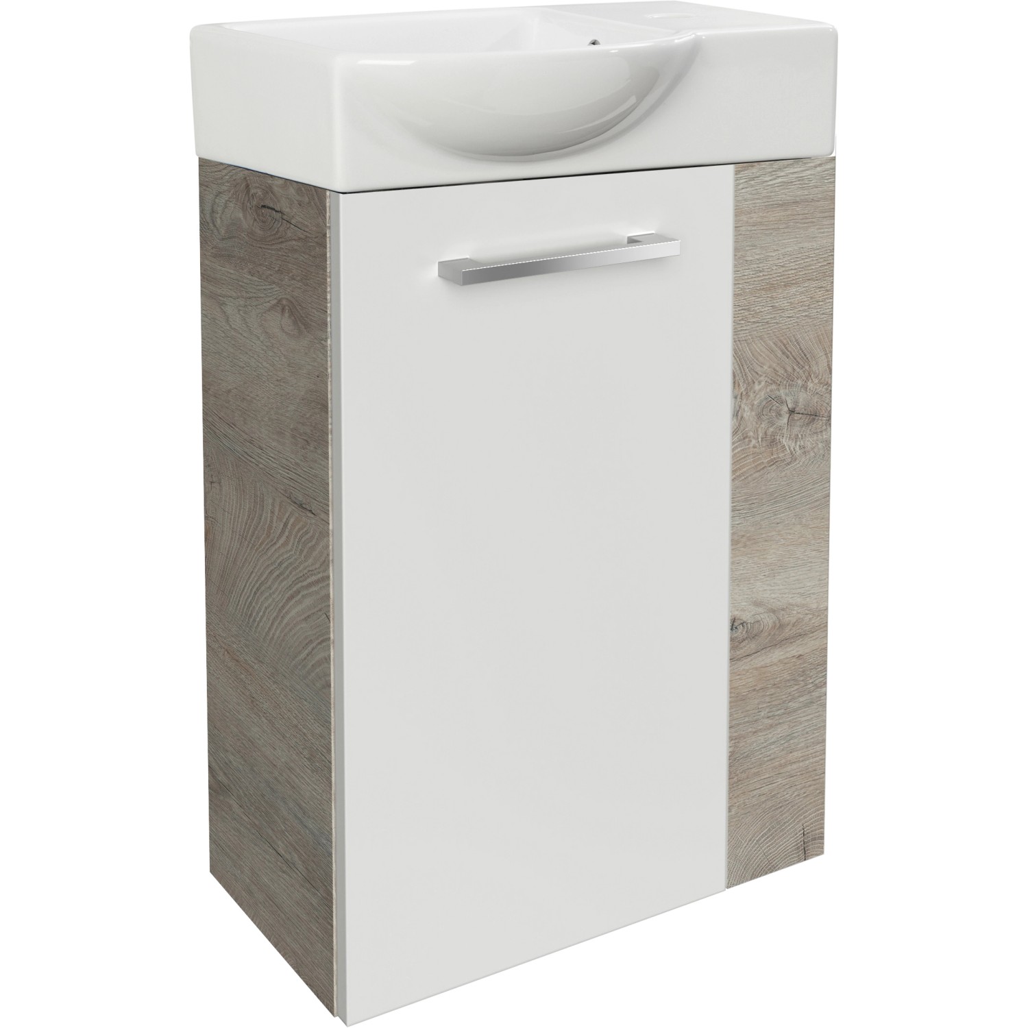 Fackelmann Waschbeckenunterschrank SBC Eiche Natur, 44 cm breit, mit weißer Tür und Griff.