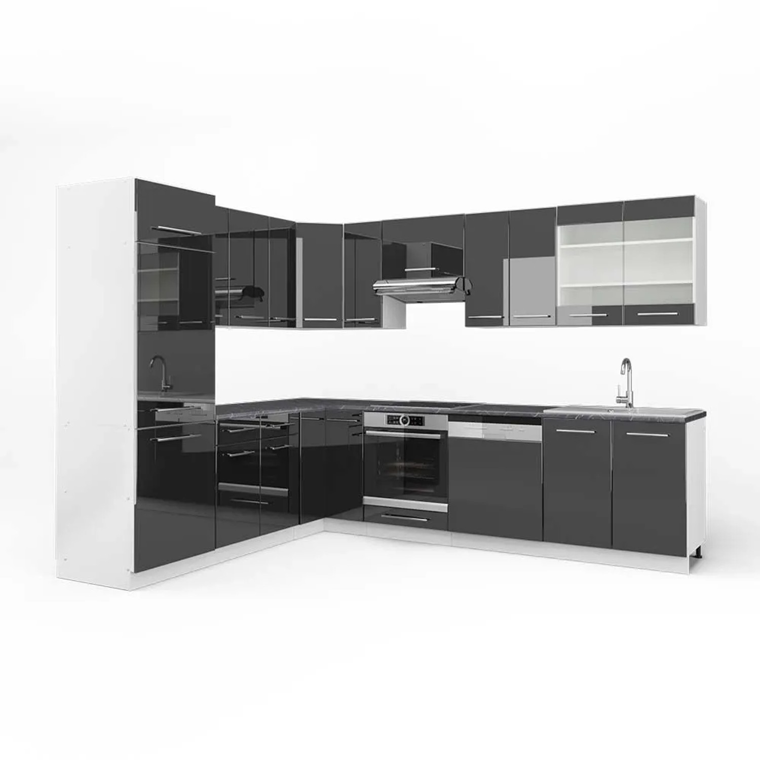 Vicco Eckküche Fame-Line Anthrazit Hochglanz/Weiß 287 x 82, AP Anthrazit