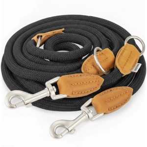 Verstellbare, schwarze Rudelkönig Hundeleine Emma aus Kletterseil mit Lederdetails und Karabiner.