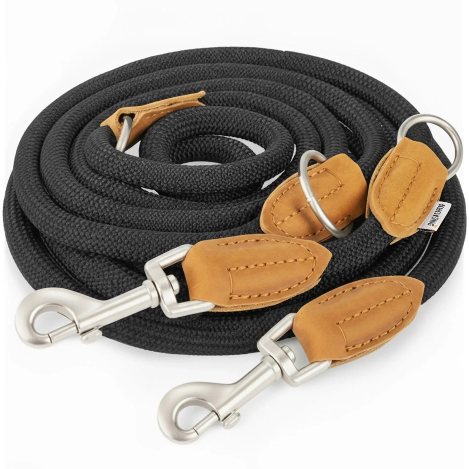 Rudelkönig Hundeleine Emma Verstellbar 230 cm Kletterseil mit Lederdetails Schwarz