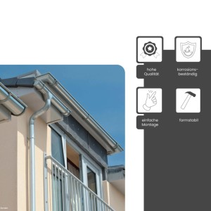 Zambelli Dachrinnen Komplettset Zink Silber am Gartenhaus. Halbrundes Regenrinnen-Set aus korrosionsbeständigem Stahl.