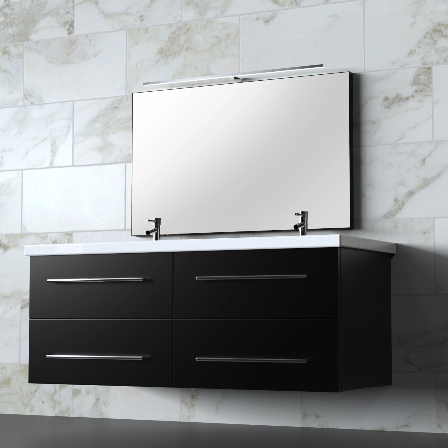 Schwarze kalb 80cm LED Badleuchte mit Spiegel und Waschbeckenunterschrank.