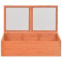 Holz-Frühbeet mit zwei geöffneten, transparenten PC-Platten-Deckeln. Ideal für Pflanzenanzucht und Schutz.