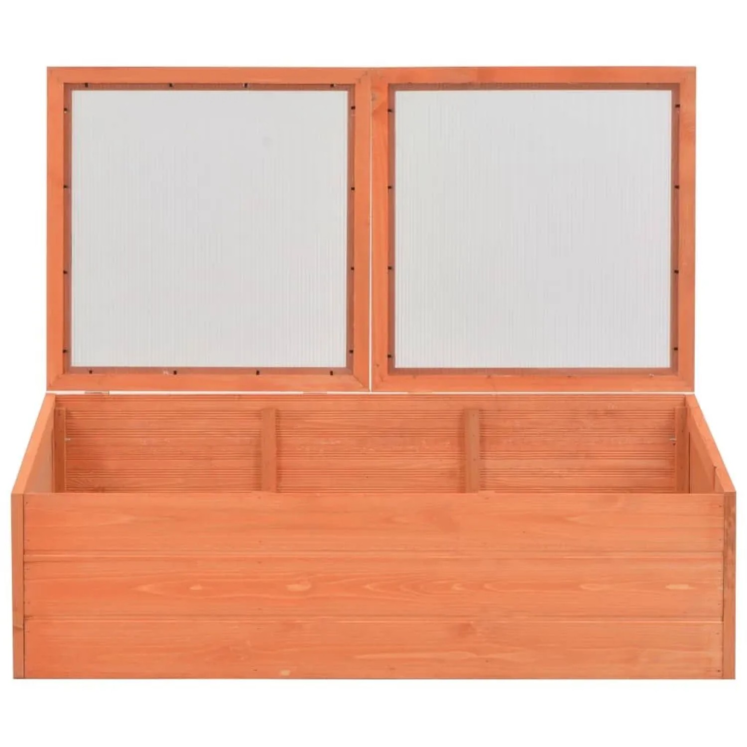Holz-Frühbeet mit zwei geöffneten, transparenten PC-Platten-Deckeln. Ideal für Pflanzenanzucht und Schutz.