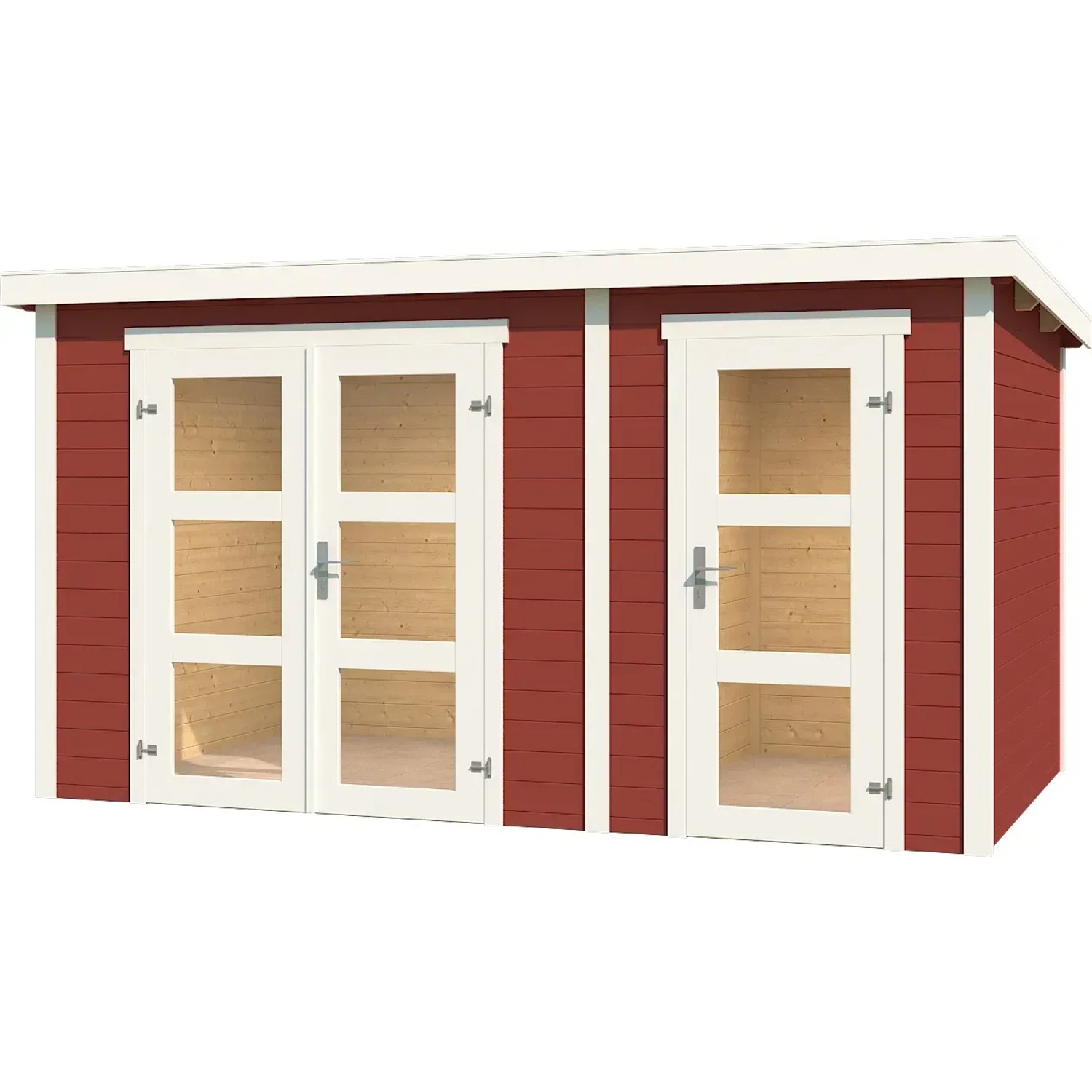 Lasita Holz-Gartenhaus Zambezi XL in Schwedenrot mit zwei Türen und Fenstern.