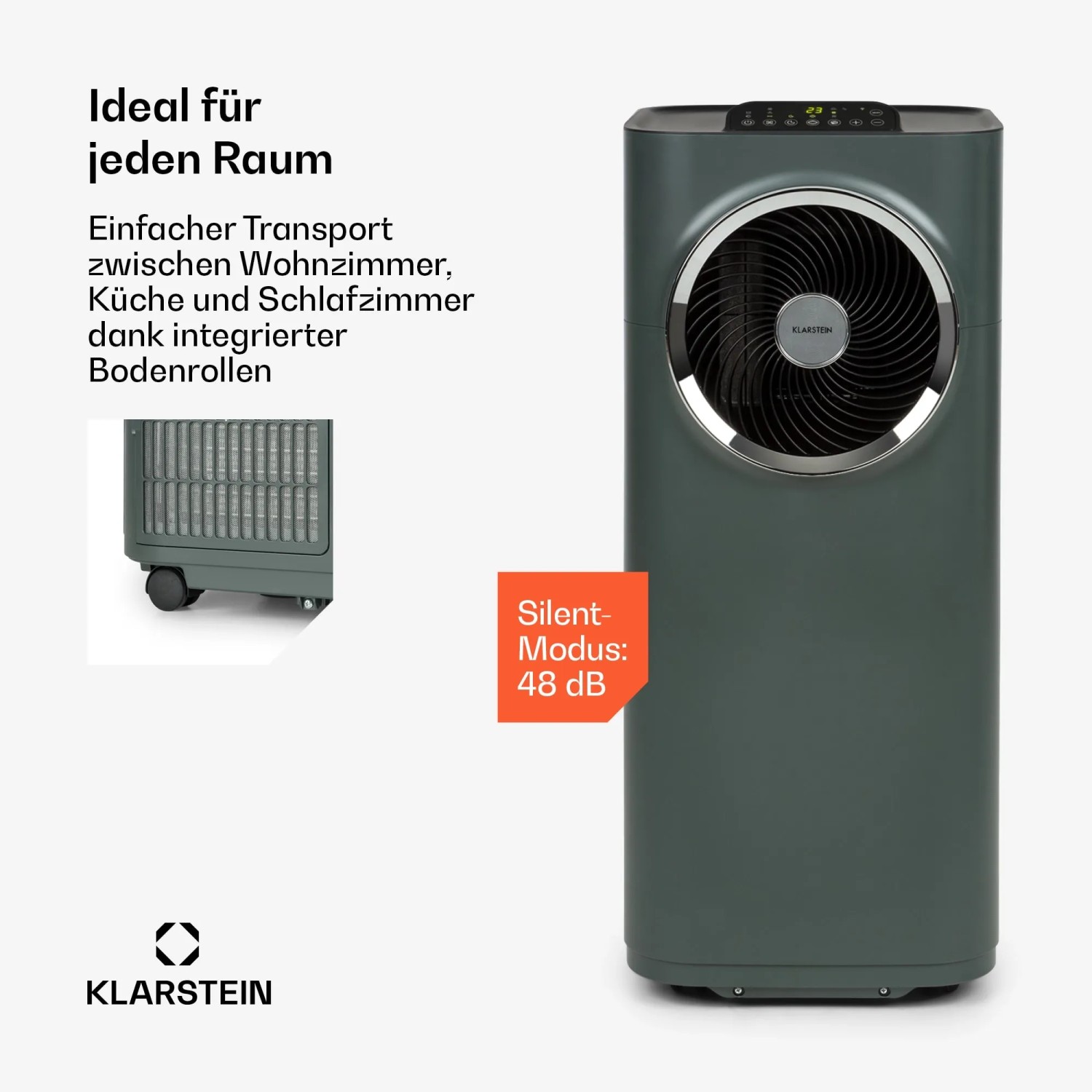 Klarstein Kraftwerk Smart 10K Klimaanlage in Anthrazit mit Rollen und leisem Betrieb.