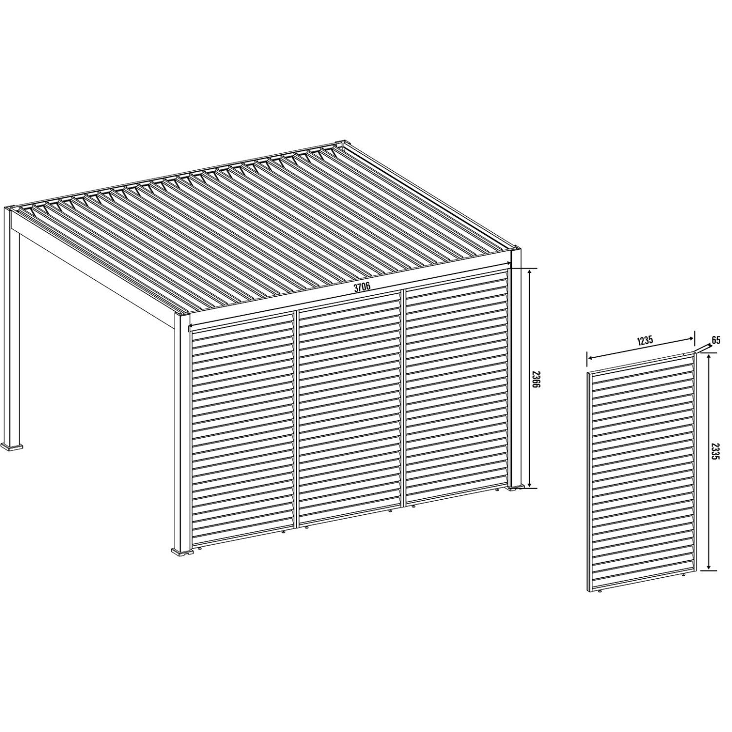 Technische Zeichnung: Weide Lamellenwand für Pergola, 93cm, Aluminium, weiß. Sonnenschutz für Garten.
