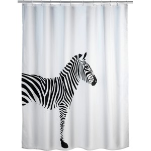 Weißer Wenko Duschvorhang mit Zebra-Motiv, Anti-Schimmel, 180x200 cm.