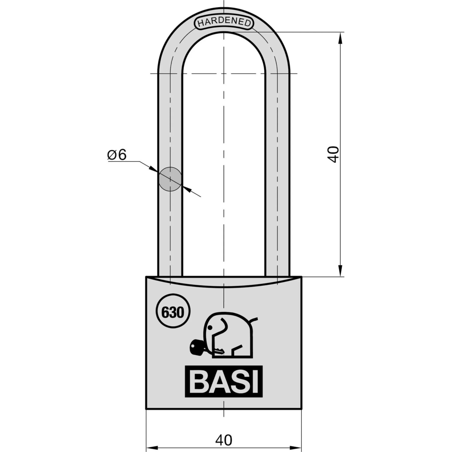 Technische Zeichnung: Basi Vorhangschloss Set, 40mm, Aluminiumgehäuse, gehärteter Stahlbügel, inkl. Schlüssel.