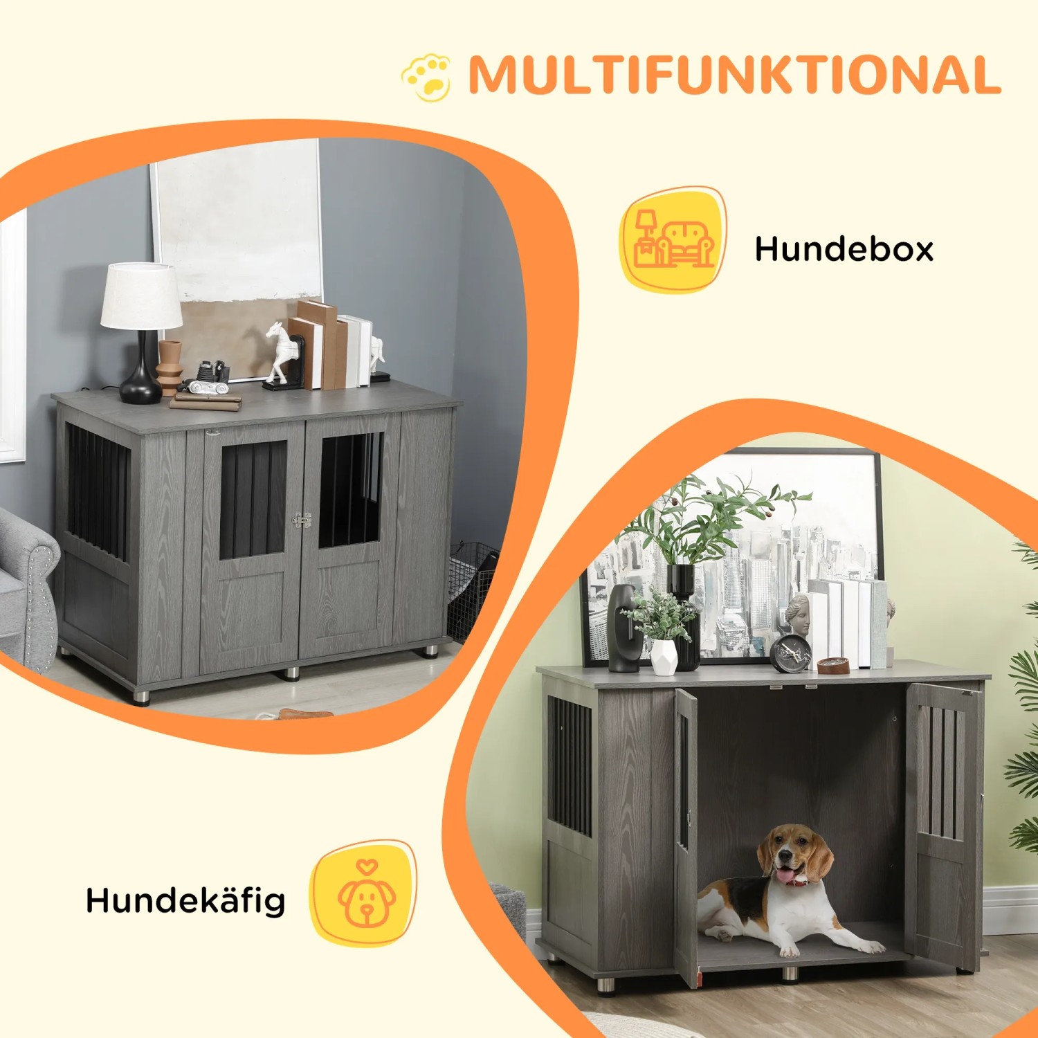 Grauer PawHut Hundekäfig mit Schloss und Fenster, vielseitig einsetzbarer Hundezwinger.