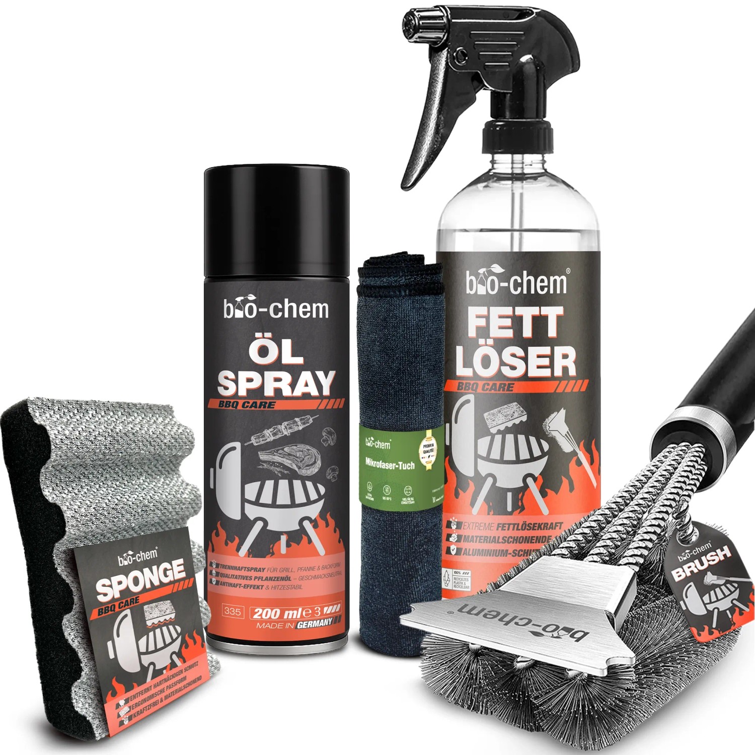 bio-chem Grillreiniger Fettlöser Profi-Set 5-teilig mit Ölspray und Bürste