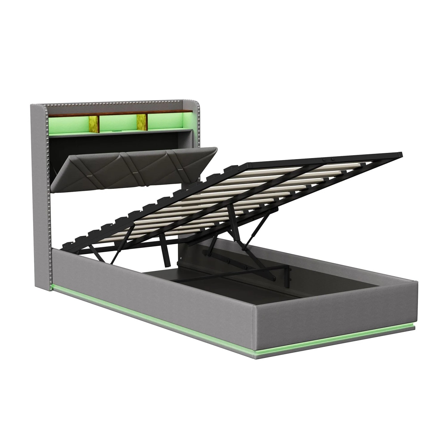 PXloue Polsterbett Jugendbett 90x200 mit Verstellbare LED& USB Grau