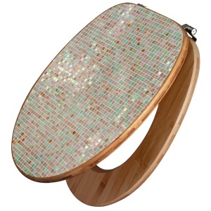 Banjado WC-Sitz aus Bambus mit Motiv grüne Fliesen. Toilettendeckel aus Holz mit Universal Scharnieren.
