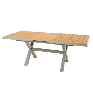 Ausziehbarer Siena Garden Gartentisch, Holz Seidengrau, 90x160 cm. Tisch mit Holzplatte und grauem Gestell.