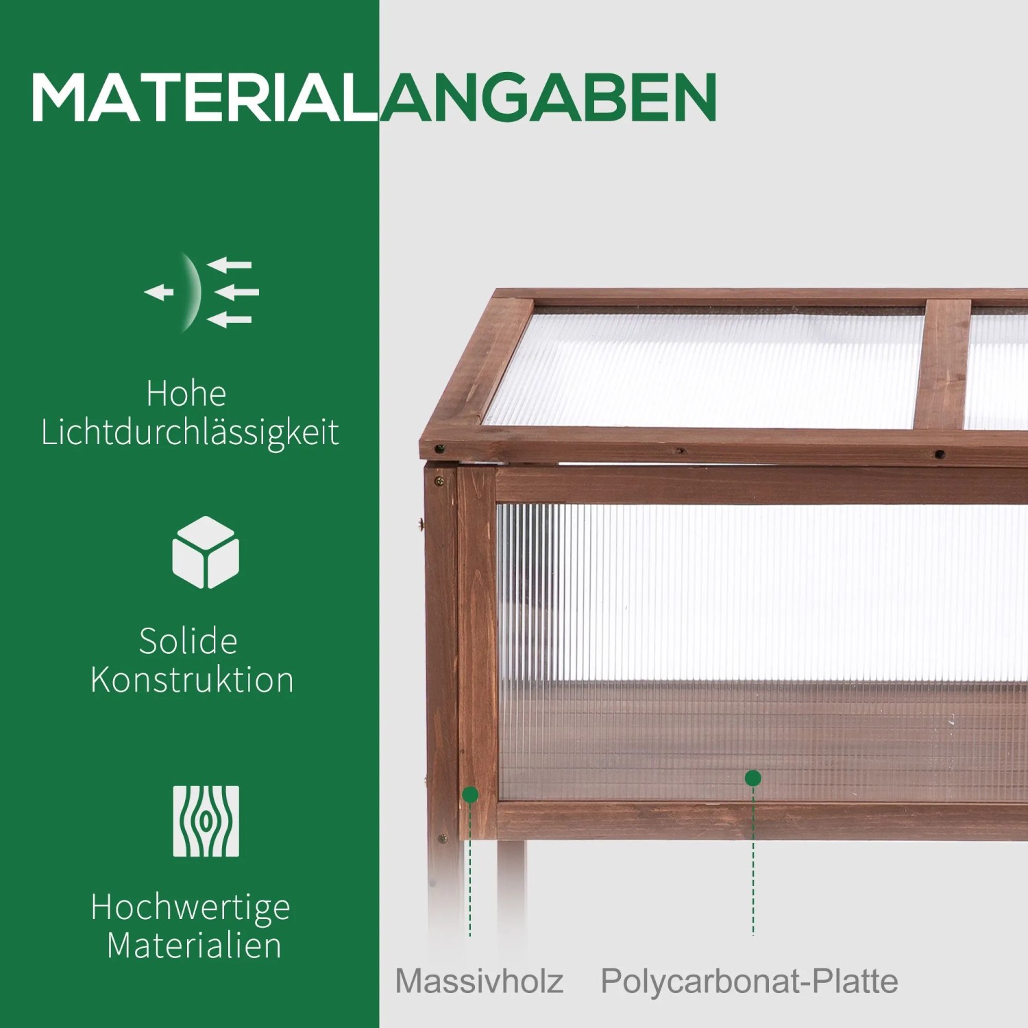 Detailansicht des Outsunny Hochbeets aus braunem Tannenholz mit transparenten PC-Platten. Zeigt robuste Bauweise.