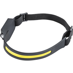 Schwarze LED Kopfleuchte mit gelbem Akzent, aufladbar, 400 Lumen, für den OBI Online-Shop.